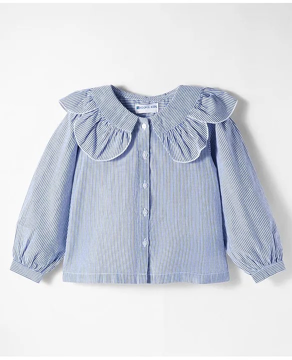 Kookie Kids India Kookie Kids Woven Full Sleeves Striped Shirt Top with Frill Collar Neck - Blue